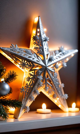 Christmas Star And Snowflakes On A Fireplace Mantel. Indoor. Warm Lighting. Front Vie. Generative AIの素材