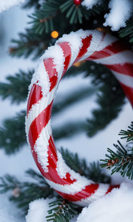 A Candy Cane Nestled In A Wreath. Snowy Weather. Dusk. Outdoor. Close-Up Angl. Generative AIの素材
