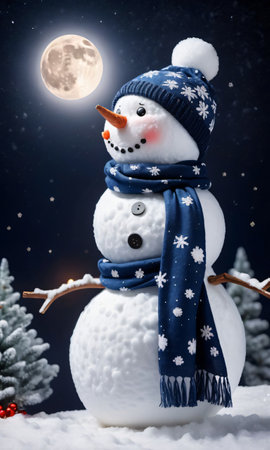 Snowman Wearing A Garland Scarf. Moonlit Night. Snowy Backdrop. Side Vie. Generative AIの素材