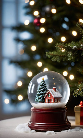 Snow Globe Beside A Softly Lit Christmas Tree. Indoor. Evening. Medium Sho. Generative AIの素材