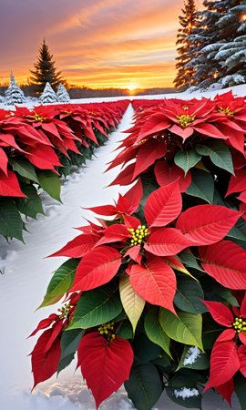 Snowy Poinsettias And Colorful Ribbons Under The Warm Lighting Of A Golden Sunse. Generative AIの素材