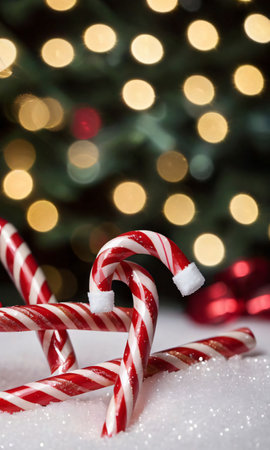 Candy Canes With Sparkling Lights In The Backgroun. Generative AIの素材