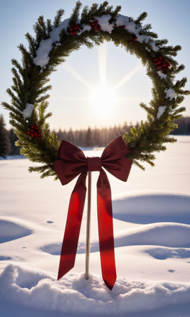 A Wreath And Ribbons Against A Snowy Landscape, Backlit By The Setting Su. Generative AIの素材