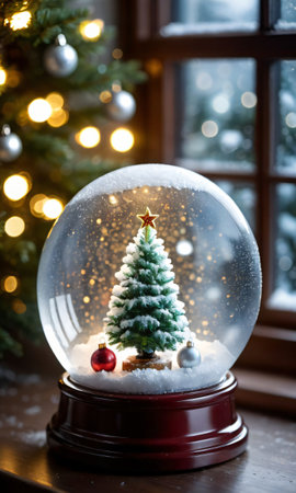 A Snow Globe Containing A Christmas Tree. Backlit. Close-Up. On A Frosty Window Sil. Generative AIの素材