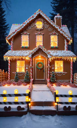 A Gingerbread House With Twinkling Lights At Daw. Generative AIの素材