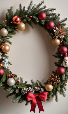 Christmas Cards Displayed Around A Wreath. Afternoon. Indoor With Natural Lighting. Close-U. Generative AIの素材