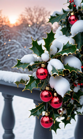Snow-Covered Holly And Ornaments On A Porch Railing. Dawn. Outdoor. Close-U. Generative AIの素材