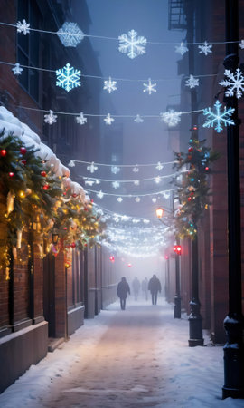 Snowflakes And Garlands In The Glow Of City Lights, With A Foggy Atmospher. Generative AIの素材