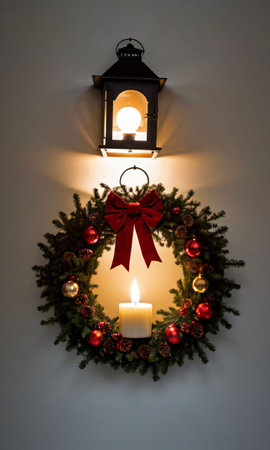 A Christmas Wreath Illuminated By Lantern Ligh. Generative AIの素材