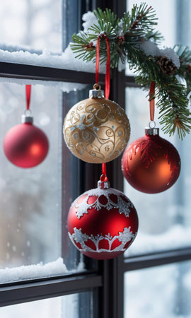 Christmas Ornaments Hanging Beside A Frosty Window. Daylight. Indoor. Close-U. Generative AIの素材