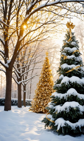 A Snowy Christmas Tree Adorned With Golden Ribbons. Morning Light. Wide-Angle Outdoor Sho. Generative AIの素材
