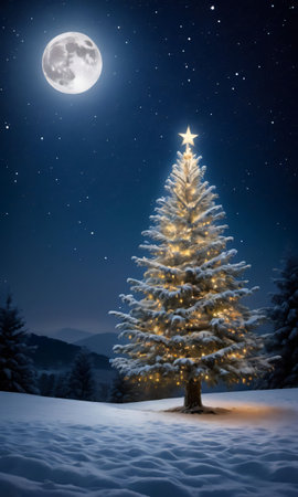 A Starlit Christmas Tree Under Soft Moonligh. Generative AIの素材