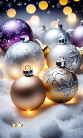 Christmas Baubles And Stars Glistening Under The Soft Lighting Of A Snowy Evenin. Generative AIの素材