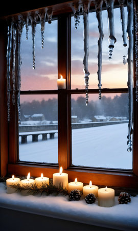 Photo Of Christmas Candlelit Window With A View Of A Snowy Bridge And Hanging Icicle. Generative AIの素材
