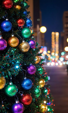 Christmas Tinsel On A Tree, Shimmering In The Colorful Lights Of The Cityscape. Generative AIの素材