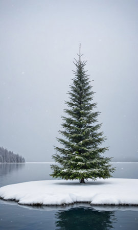 A Christmas Tree On A Snowy Island, Surrounded By Calm Waters. Generative AIの素材
