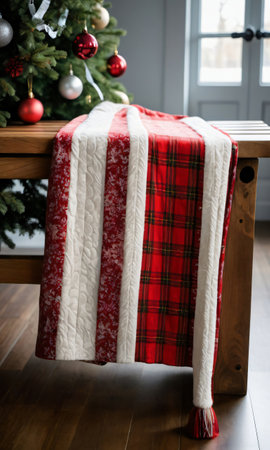 A Christmas Blanket On A Bench, The Fabric Textures Highlighted By Sidelight. Generative AIの素材