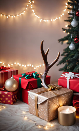 Photo Of Christmas Reindeer Antlers Wrapped With Fairy Lights Beside A Pile Of Gift. Generative AIの素材