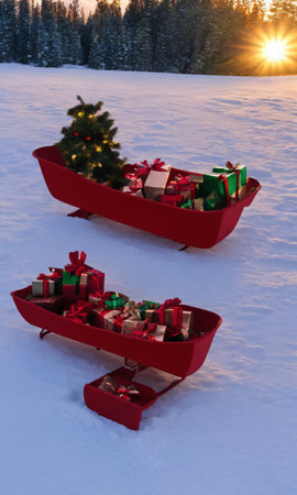 A Christmas Sled In The Snow, Captured In The Warm Light Of Sunset. Generative AIの素材
