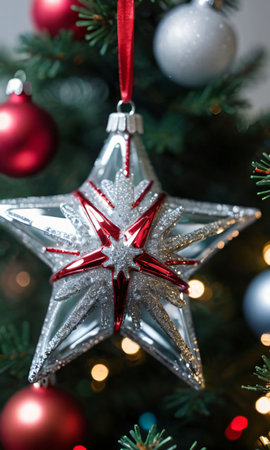 A Close-Up Of A Glistening Christmas Star Ornamen. Generative AIの素材