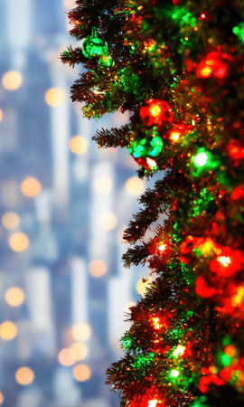 Christmas Tinsel On A Tree, Shimmering In The Colorful Lights Of The Cityscape. Generative AIの素材