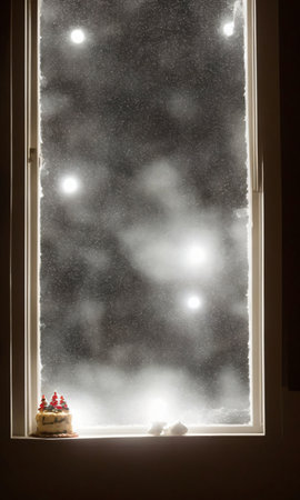 A Christmas Cake In A Window, The Frosting Glistening In The Moonlight. Generative AIの素材