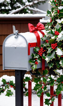 Photo Of Christmas Holly Branches Decorating A Mailbox Filled With Christmas Cards And Ribbons, Set Against A Backdrop Of A Snow-Blanketed Front Yar. Generative AIの素材