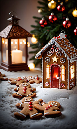 Photo Of Christmas Lantern Illuminating A Path Of Gingerbread Cookie. Generative AIの素材