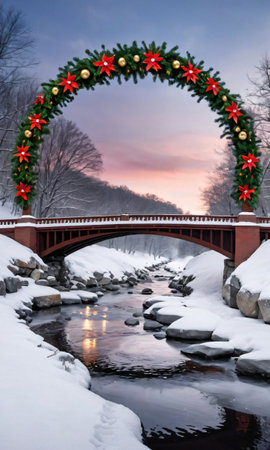 A Festive Bridge Over A Snowy River, Adorned With Wreaths And Lights. Generative AIの素材