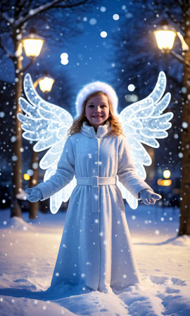 A Christmas Snow Angel In The Snow, The Outline Highlighted By Street Lights. Generative AIの素材