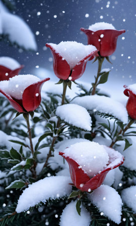 Christmas Flowers In The Snow, Their Petals Glistening In The Moonlight. Generative AIの素材