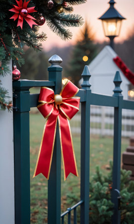 A Christmas Ribbon On A Gate, Its Color Popping In The Soft Light Of Dusk. Generative AIの素材