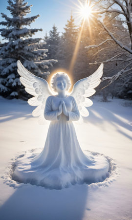 A Christmas Snow Angel In The Snow, The Imprint Highlighted By The Rising Sun. Generative AIの素材