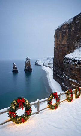 A Snowy Seaside With Cliffs Adorned With Lights And Wreaths. Generative AIの素材