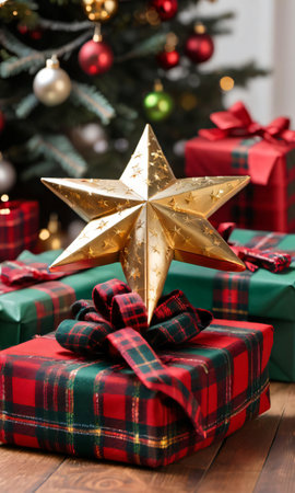Photo Of Christmas Golden Star Atop A Pile Of Gifts Wrapped In Red And Green Plaid On A Wooden Floor With Soft Ru. Generative AIの素材