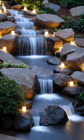 A Festive Waterfall With Surrounding Rocks Adorned With Lights. Generative AIの素材