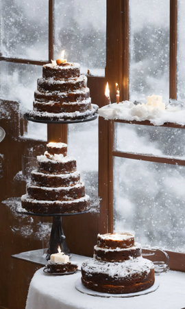 A Christmas Cake On A Table, The Candles Casting A Warm Glow On The Snowy Window. Generative AIの素材