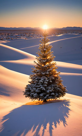 A Christmas Tree In A Snowy Desert, Illuminated By The Setting Sun. Generative AIの素材