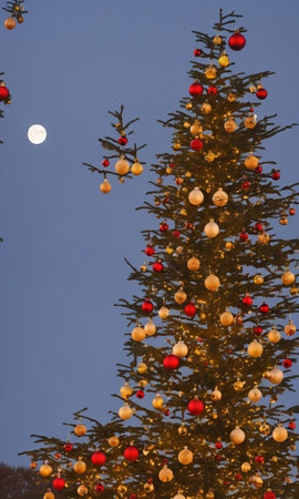 Christmas Ornaments On A Tree, Their Shapes Silhouetted Against A Bright Moon. Generative AIの素材