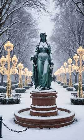A Snowy City Park With Statues Adorned With Lights And Garlands. Generative AIの素材