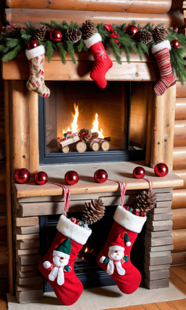 Photo Of Christmas Stockings Filled With Pinecones, Glass Ornaments, And Candy Canes In A Log Cabin'S Cozy Interio. Generative AIの素材