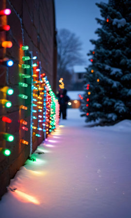 Christmas Lights On A Wall, Their Glow Casting Colorful Reflections On The Snowy Ground. Generative AIの素材