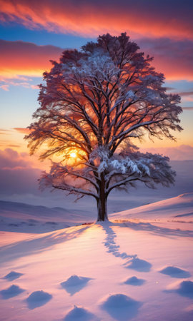 A Decorated Tree On A Snowy Plain, Under A Colorful Sunrise. Generative AIの素材