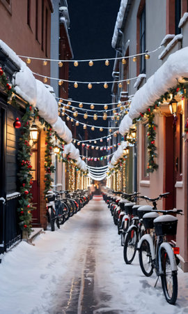 A Snowy Street With Bicycles Adorned With Lights And Garlands. Generative AIの素材