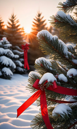 Photo Of Christmas Pine Tree Branches Draped With Red Ribbons And Snowflakes Against A Canvas Of The Setting Su. Generative AIの素材