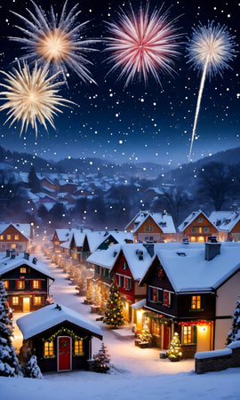 Christmas Fireworks And Snow Falling Over A Decorated Village, At Night. Generative AIの素材