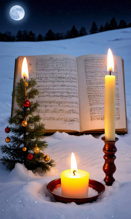 Christmas Carol Sheets And Candles In The Snow, Under The Moonlight. Generative AIの素材