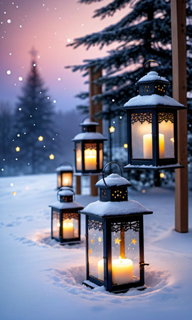 Christmas Lanterns And Stars Floating In The Snowy Air, At Dusk. Generative AIの素材