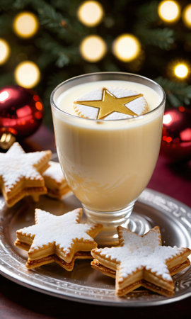 Photo Of Christmas Golden Star Reflecting On A Glass Of Eggnog Beside Mince Pie. Generative AIの素材
