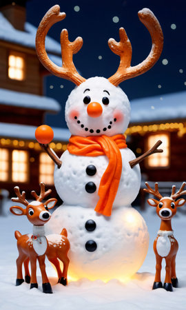 A Snowman With A Carrot Nose Beside Illuminated Reindeer Figure. Generative AIの素材